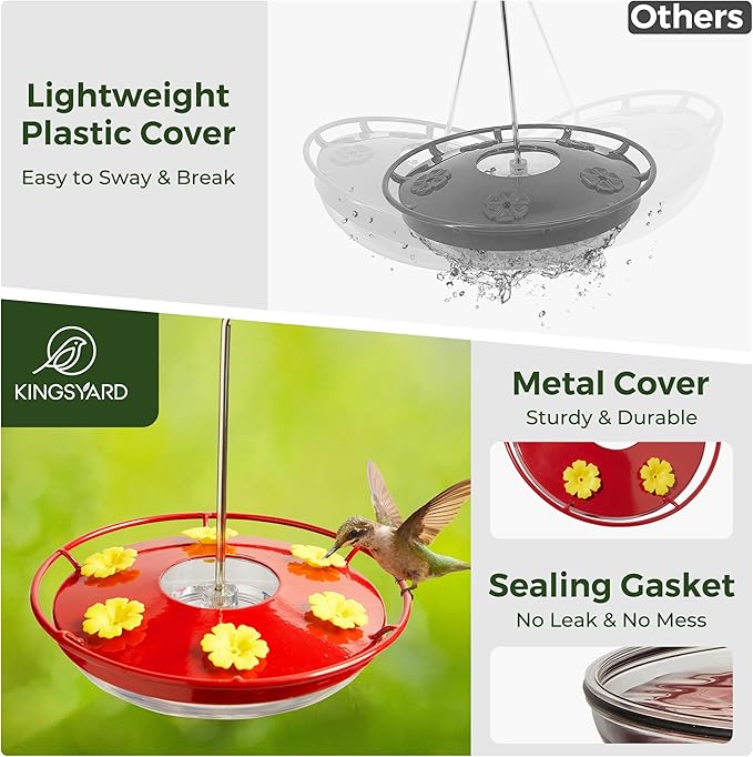 Kingsyard Weatherproof Hummingbird Feeder for Outdoors Hanging - Heavy Duty Metal lid with 6 Bee Guard Feeding Ports & Circular Perch, Built-in Ant Moat, Easy to Refill & Clean (12oz/Red)