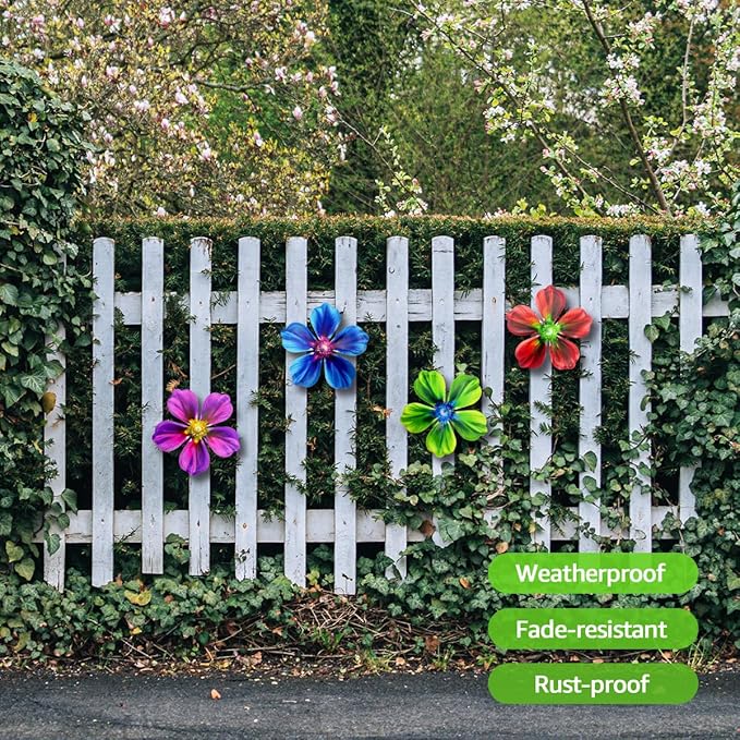 Giyyomtr Metal Flowers Wall Decor - 4pcs Metal Flower Wall Art Hanging Decorations for Outdoor Fence Garden Yard Patio Decor, Gift for Mom Friends