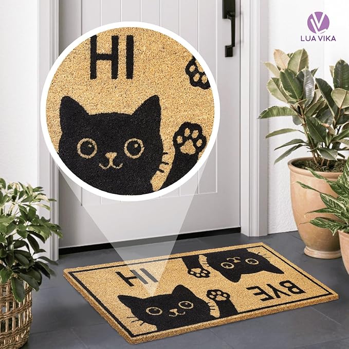 Coir Doormat Outdoor Entrance - Hi Bye Cat - 17"x30" - Funny Door mats Outside - Welcome mat Funny - Indoor/Outdoor Doormat