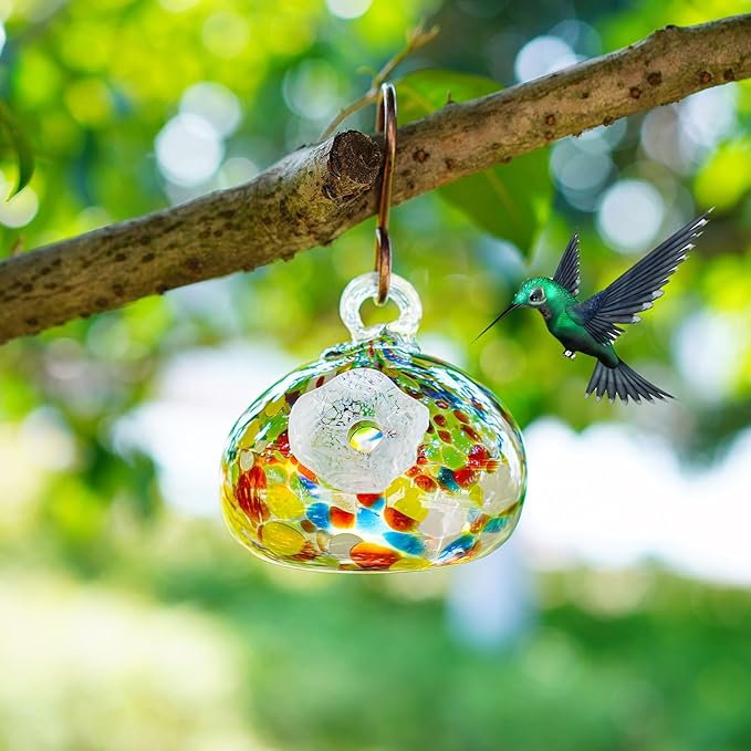 Blown Glass Hummingbird Feeder for Outdoors Hanging Ornaments with Hook Unique Humming Bird Feeder for Home Window Garden Decoration