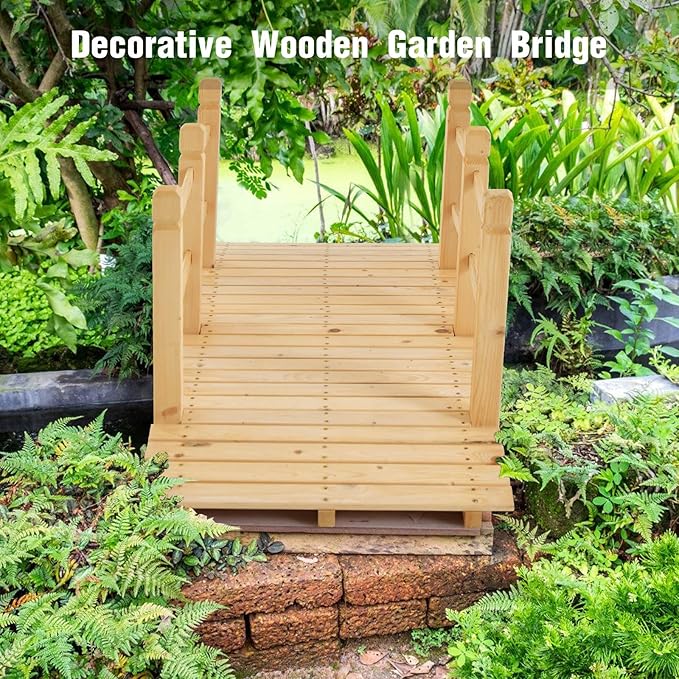 Giantex 5 ft Garden Bridge - Natural Wood Arc Footbridge Walkway with Side Railings, Decorative Wooden Bridge Landscaping for Backyard Farm Garden Creek Pond Decor, Easy to Assemble (Natural)