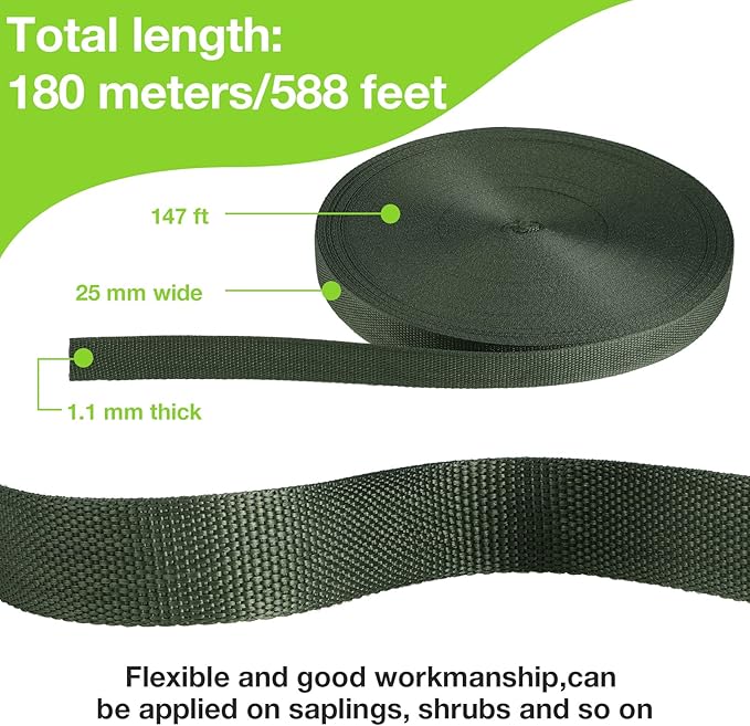 Shappy Tree Tie Strap Garden Webbing Strap Garden Plant Supports Tree Tie Staking for Outdoor Use, Plant Supports, Grafting, Straightening Supplies(Dark Green,590.55 Feet x 1 Inch)
