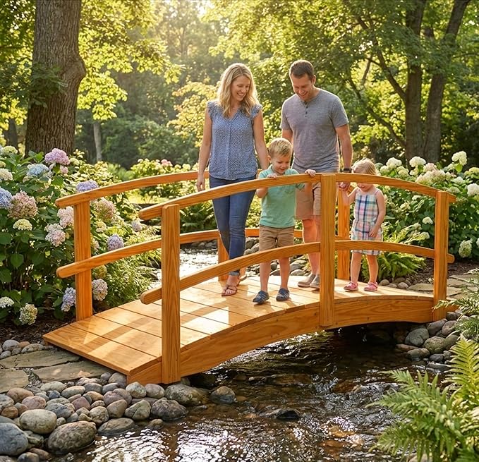 8 FT Natural Amish Made Garden Bridge with Double Rails for Walkway, Backyard Pond & Landscaping, Outdoor Wooden Footbridge for Koi Pond, Japanese Style Decorative Bridge, Made in USA