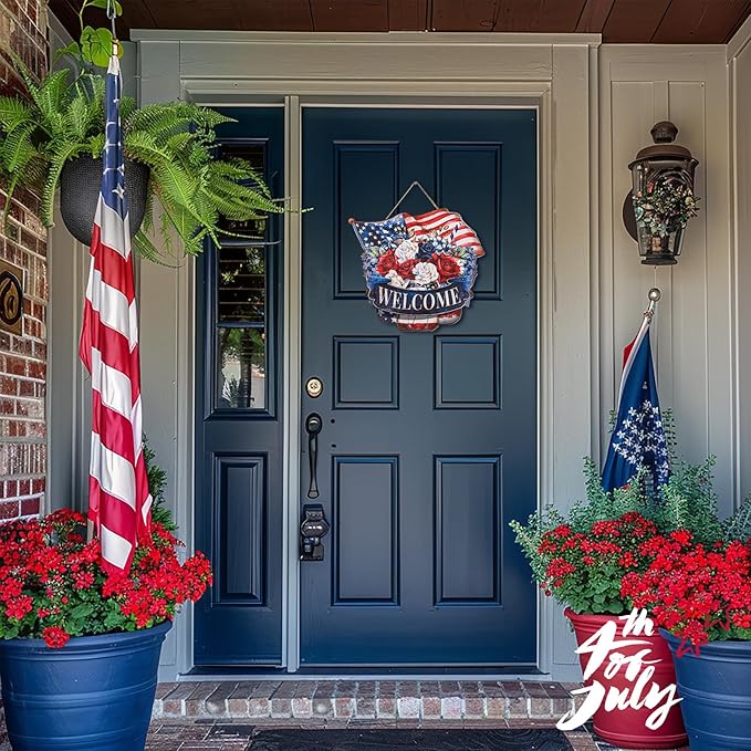 4th of July Decorations for Door: Metal Patriotic Wreath Outdoor 14" Red White and Blue Decor Fourth July Memorial Day Sign Large Mason Jar Wall Hanging Independence Vintage for Outside Indoor
