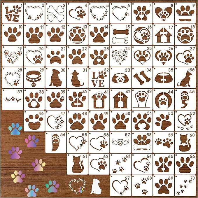 70pcs Small Paw Print Stencils for Painting on Wood Tiny Dog Cat Stencils and Patterns Animal Stencil Heart Template Paint Stencils on Art Craft Canvas Wall Fabric Rock(70 paw Print)