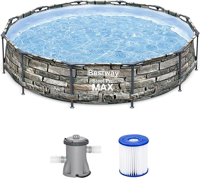 Bestway Steel Pro MAX 12' x 30" Above Ground Pool, Round Metal Frame Outdoor Swimming Pool Set with Filter Pump & Type I Cartridge, Stone Print