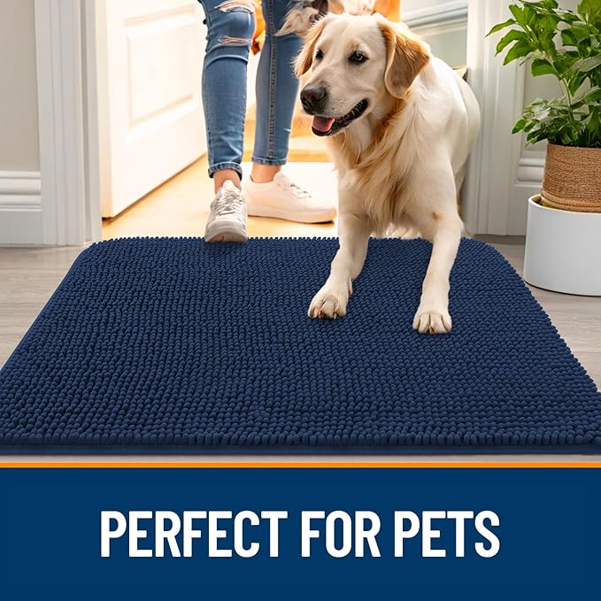 OLANLY Dog Door Mat for Muddy Paws 40x32, Absorbs Moisture and Dirt, Absorbent Non-Slip Washable Doormat, Quick Dry Chenille Mud Mat for Dogs, Entry Indoor Entryway Carpet for Inside Floor, Dark Blue