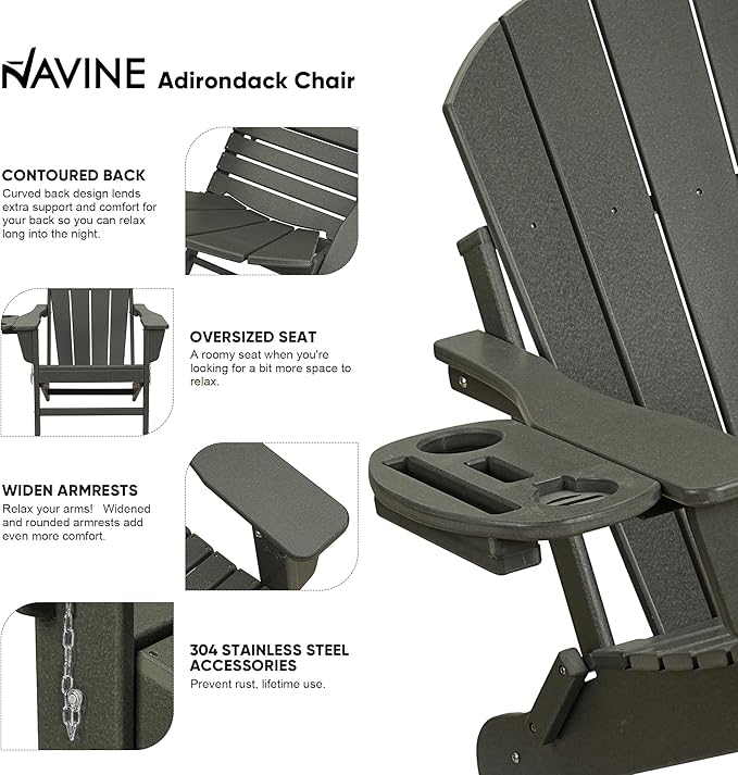 Adirondack Chair Set of 2, HDPE Folding Adirondack Chair with Multifunctional Cup Holder, Weather Resistant Fire Pit Chair for porches, patios, patios, poolsides, Decks.