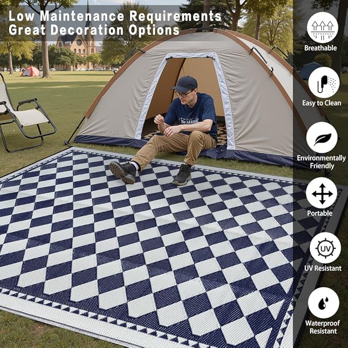 HUGEAR Outdoor Waterproof Rug 6'x9' Plastic Straw Rugs Washable Reversible Floor Mat Blue Plaid Carpet for Camping RV Deck Entryance Porch Picnic Balcony Beach Backyard