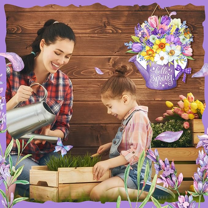 Juexica Hello Spring Door Sign for Front Porch - Flower Hanger Wreaths, Wooden Hanging Decor, Rustic Welcome Sign for Wall Pediments Decorations