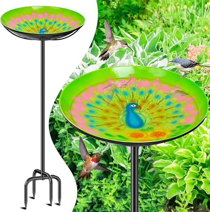 Metal Bird Bath for Outside, Freestanding Birdbaths & Birdfeeder with Colorful Peacock Embossed Basin, Vintage Bird Baths Feeder Bowl for Outdoors Garden Yard Lawn Decor (Peacock Green)