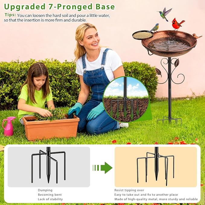 35" Tall Metal Bird Bath for Outdoors with Small Bird Feeder Bowl, 2" Deep 12" Dia Removable Bird Baths for Easy to Clean and Refill, Upgraded 7-Prong Base for Garden, Yard & Lawn (Copper)