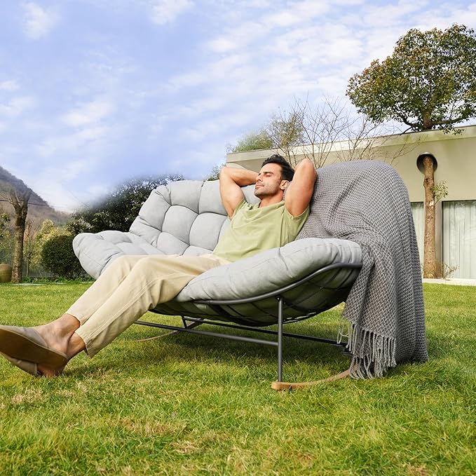 Grand patio Rocking Chair Outdoor, Oversized Rocking Chair for 2 with E-Coated Steel Frame and Thick Cushion, Comfy Papasan Loveseat Rocker for Patio Porch Deck