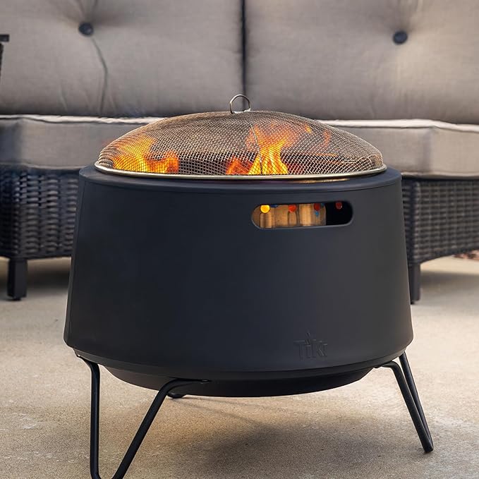 TIKI Social & Huddle Fire Pit Screen & Poker Set – Spark Protector, Ember Guard & Fire Poker for Safe Smokeless Fires – Durable Gold & Black Metal Fire Pit Accessories