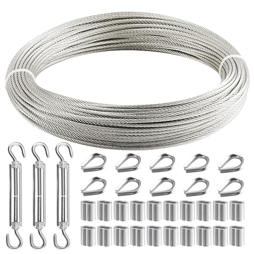 1/8 Inch Wire Rope, 120FT Stainless Steel Cable, 7x7 Strands Steel Wire Kit with Turnbuckles, Sleeves, Thimbles - Aircraft Cable for Garden, String Light Hanging, Deck Railing, DIY Projects