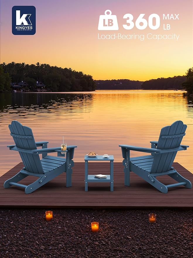 KINGYES Folding Adirondack Chair, HDPE All-Weather Patio Chairs with Cup Holder, Wooden Textured Fire Pit Chairs for Poolside, Backyard, Deck, Navy
