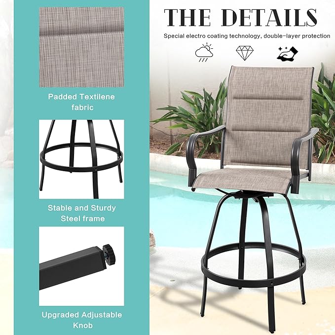 Vongrasig 2 Piece Outdoor Patio Swivel Bar Chairs, All Weather Padded Sling Textile High Top Bar Stools, Bistro Set for Backyard, Lawn Garden, Balcony, Gray