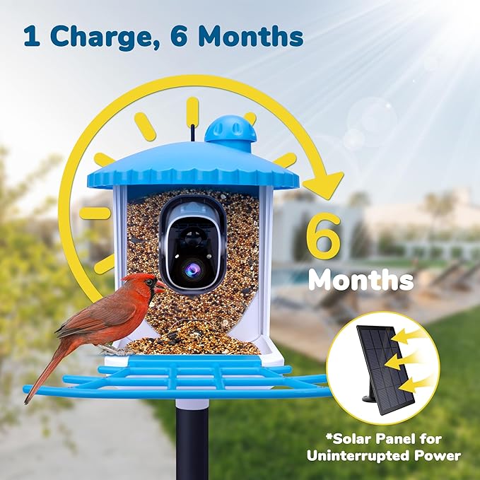 Bird Feeder with Camera, Equipped with 5000mAh Battery and Solar Panel, AI Bird Species Identification, 2K HD Video, Best Gift for BirdLovers