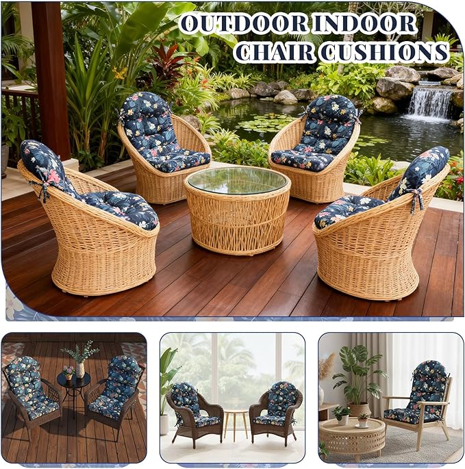 Geelin 4 Pcs Adirondack Chair Cushion High Back Patio Rocking Chair Cushion 44 x 19 x 4 Inch Tufted Weather Resistant Fade Resistant Seat for Patio Rocking Seat (Flowers)