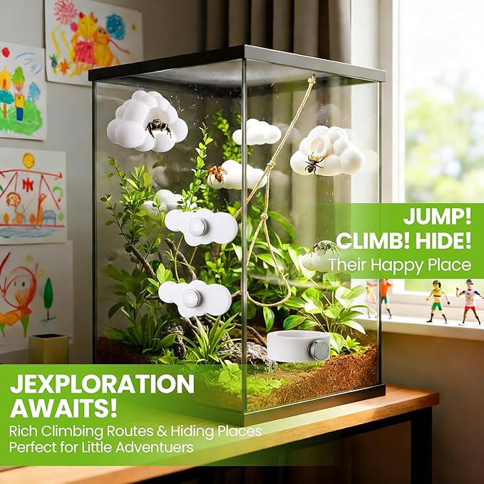 Jumping Spider Accessories Set with Magnetic Cloud Platforms & Feeder Bowls, Jumping Spider Enclosure Accessories for Climbing, Hiding & Feeding, 14 Pcs Magnets, Cute Spiders Habitat Decor