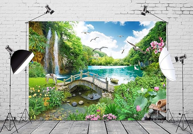 BELECO 20x10ft Fabric Picturesque Garden Backdrop Tropical Landscape Green Mountain Forest Trees Waterfall Lake Flowers Birds Horse River Bridge Fantasy Scenery Background Wall Mural Photo Props