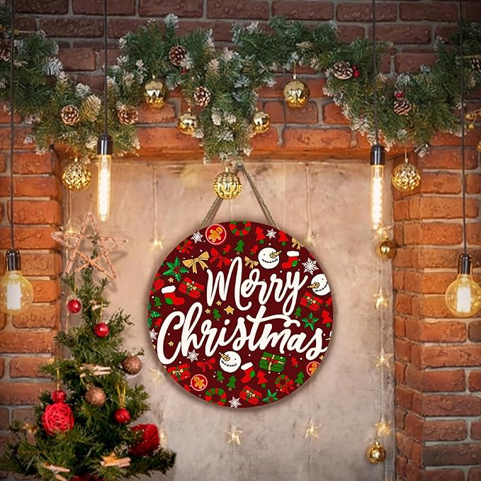 Merry Christmas Welcome Wooden Door Sign for Front Door Winter Christmas Door Hanger Xmas Holiday Hanging Wall Sign for Farmhouse Home Porch Outdoor Decorations