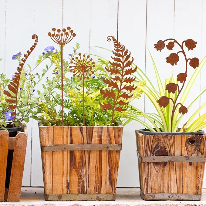 12 Pack Rusty Metal Garden Stakes, Rustic Garden Decor Decorative Metal Wildflower for Outside Plants Stakes Iron Art Outdoor for Lawn Yard Walkway