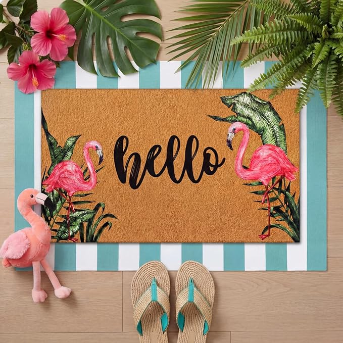 Tinideya 2 Pcs Door Mat Welcome Non Slip Coir Mats Floor Layering Doormats Seasonal for Front Porch Entryway Decor (Hello Flamingo)
