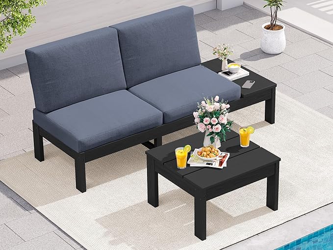 SERWALL HDPE Outdoor Furniture Set, 2 Seats Outdoor Sectional with Coffee Table, All Weather Patio Sofas, Outdoor Conversation Sets with Adjustable Backrest Sofa for Backyard, Garden, Black with Grey