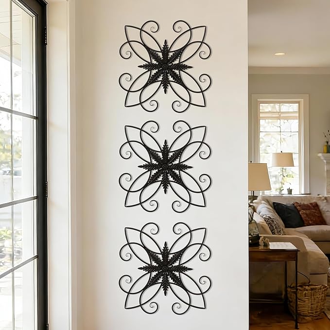 Glitzhome Black Metal Wall Art Decor, 20 Inch Iron Wall Decor with Clematis Scroll Pattern, Indoor Outdoor Wall Accent for Garden Porch Patio