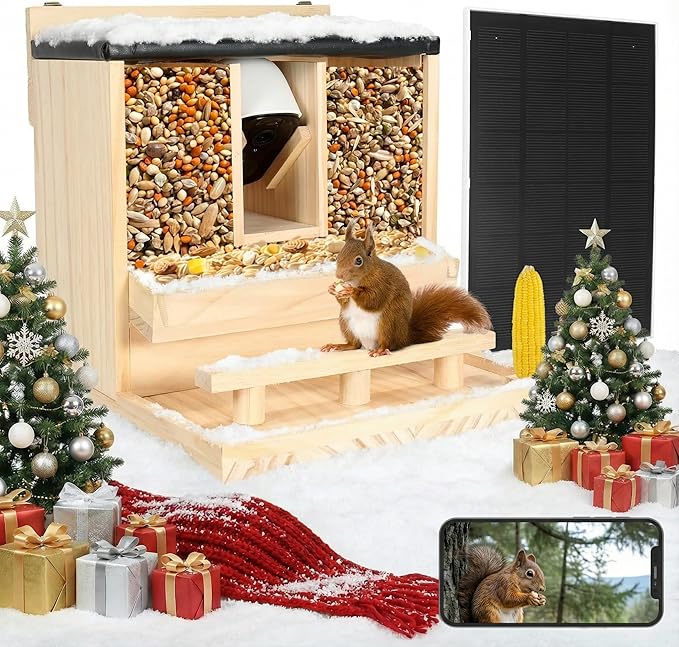 Squirrel Feeder with Camera Solar Powered：2.5K HD Wireless samrt Squirrel Picnic Table Feeders with Camera for Outside Funny Squrrill Nuts Bar,Wooden Chipmunk Box House for Peanuts Corn