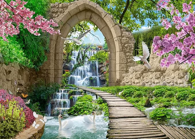 BELECO 15x8ft Fabric Romantic Garden Backdrop Mountain Waterfall Blooming Cherry Blossoms Dove Swan Lake River Bridge Wonderland Background Home Wall Decor Birthday Wedding Photoshoot Studio Props