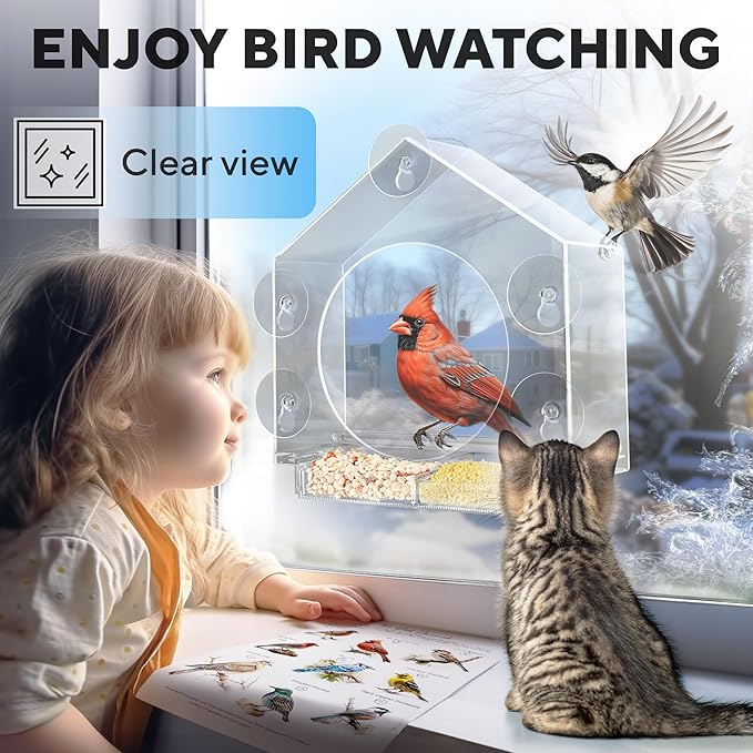 Premium Window Bird Feeder for Outside - Clear Bird House w/Largest Window for Viewing Birds - Easy to Install & Sturdy Feeder w/Extra Strong Suction Cups - Perfect for Kids, Adults and Cats