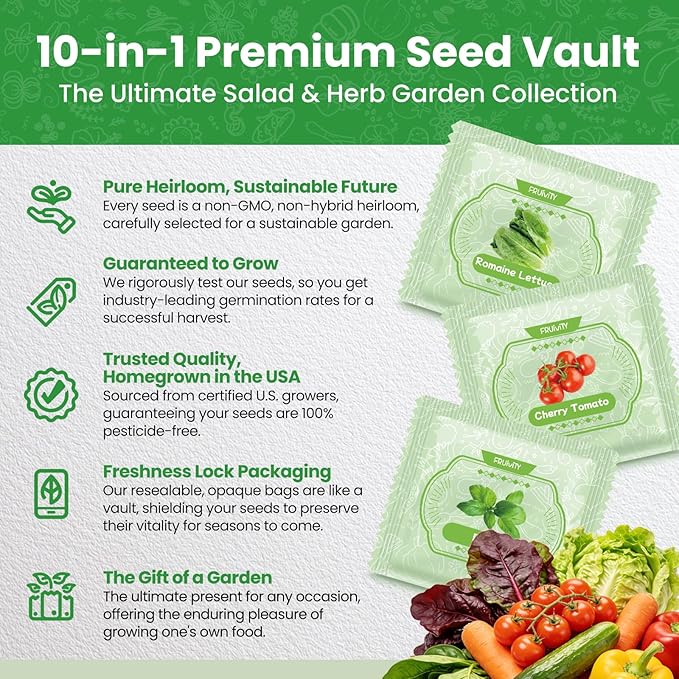10 Heirloom Seeds Variety Pack - 3200+ Non-GMO Seeds for Planting Vegetables, Indoor Outdoor Garden Seed Starter Kit, Valentines Easter Unique Gift for Mother, Women, Mom, Friend, Her