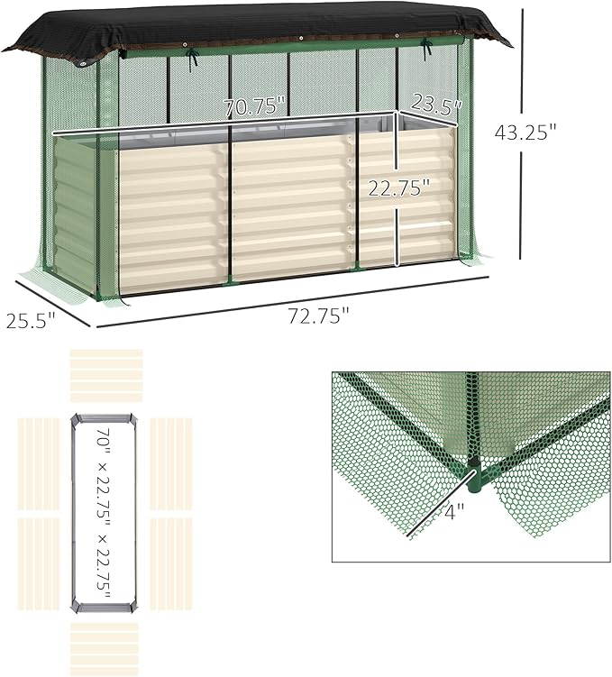 Outsunny 5.9 x 2 x 1.9 ft Galvanized Raised Garden Bed with Crop Cage Plant Protection Net and Shade Cloth Roof, Metal Planter Box with Cover for Vegetables, Flowers, Herbs, Beige