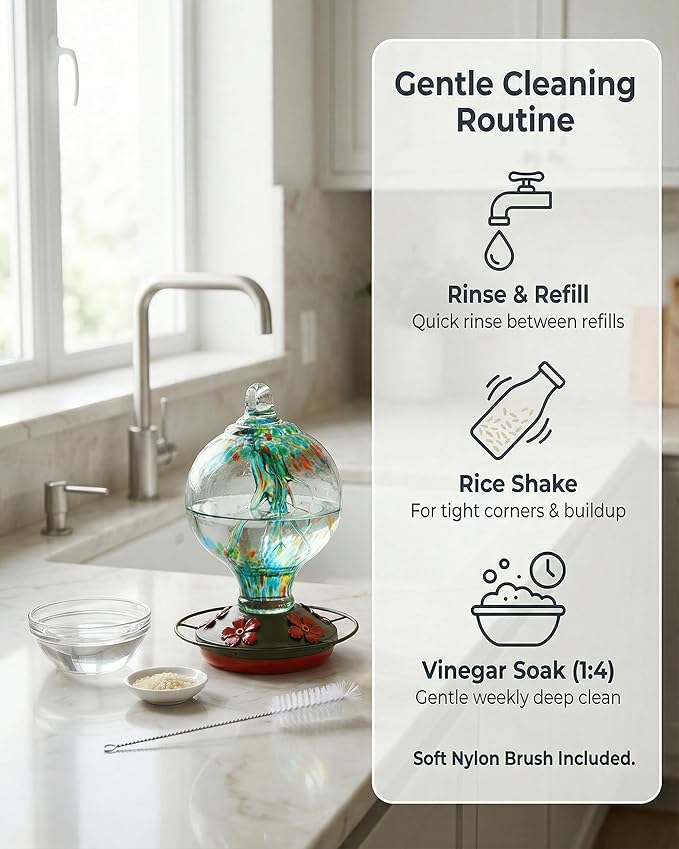Hummingbird Feeder for Outdoors Hanging, 34 Oz, Hand Blown Inner Glass Uniqe Gift for Garden Lover Women, Ant Moat & Bee-Resistant Ports, Hook & Brush Included, Rainforest Blue