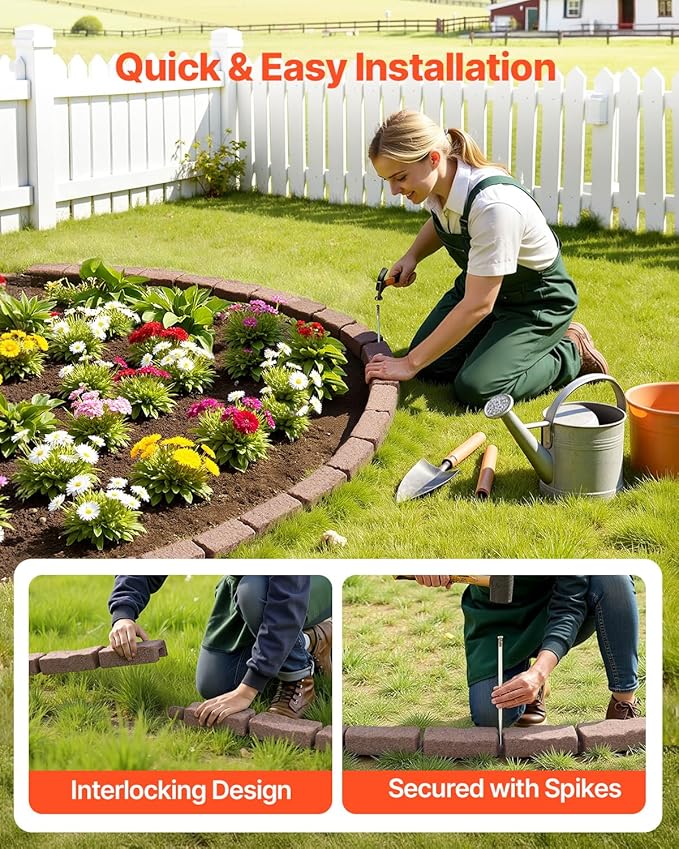 VEVOR Faux Stone Landscape Edging, No Dig Garden Edging Border, Flexible Blocks for Lawn Edging, Flower Beds, Driveway, Yards with 12 Spikes, 4 Pack 24 Bricks 16FT Kit, 46.5" Lx 3.7" W x 2.2" H, Brown