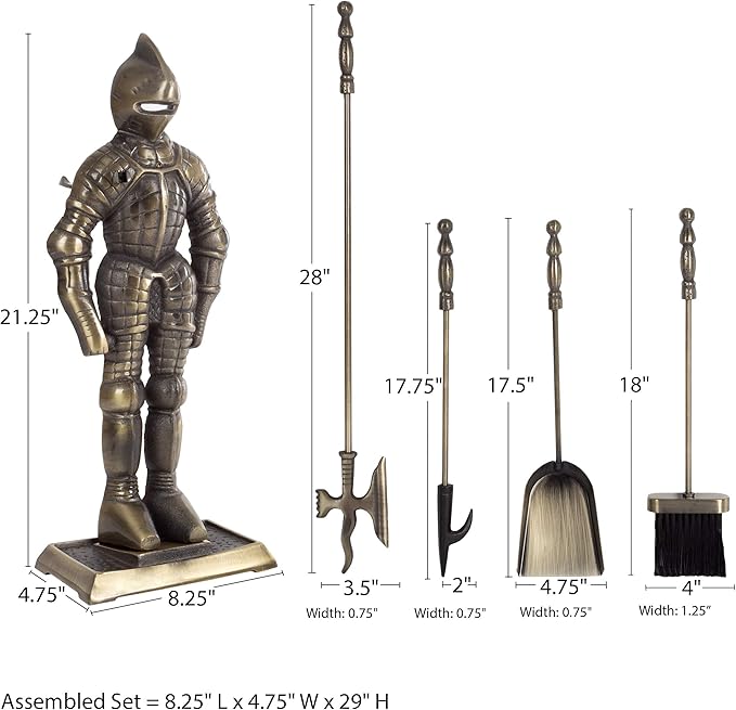 Lavish Home 3-Piece Fireplace Tool Set- Medieval Knight Cast Iron Statue Holds Heavy Duty Essential Tools - Includes Shovel, Broom & Poker