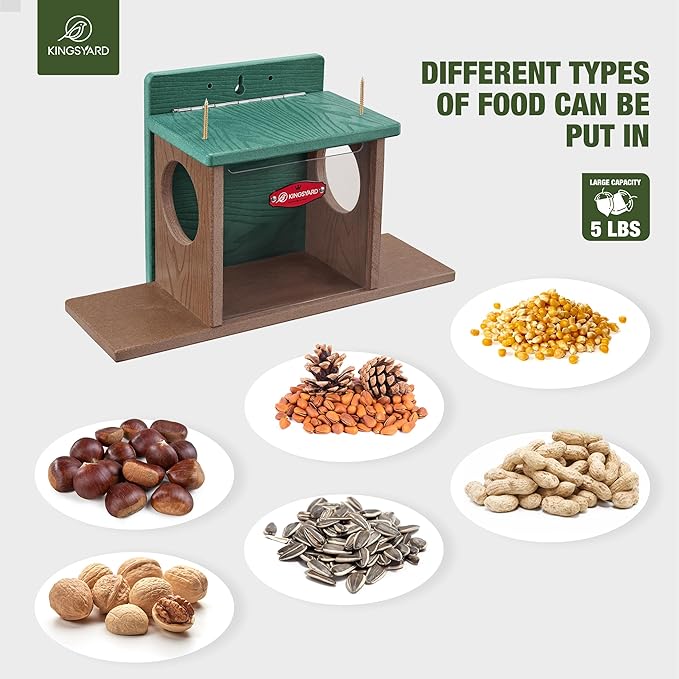 Kingsyard Squirrel Feeder Box for Outside, Recycled Plastic Squirrel Feeder Box with Corn Cob Holders, Easy to Refill & Clean, Weather-Proof Roof (Green)