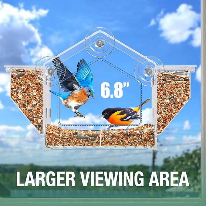 Upgraded Window Bird Feeder with Dual Side Hoppers – High Capacity Outside Birdfeeder for Window – Strong Suction Cups & Adhesive Options, Close-up Viewing for Indoor Cats & Seniors, Ideal Nature Gift
