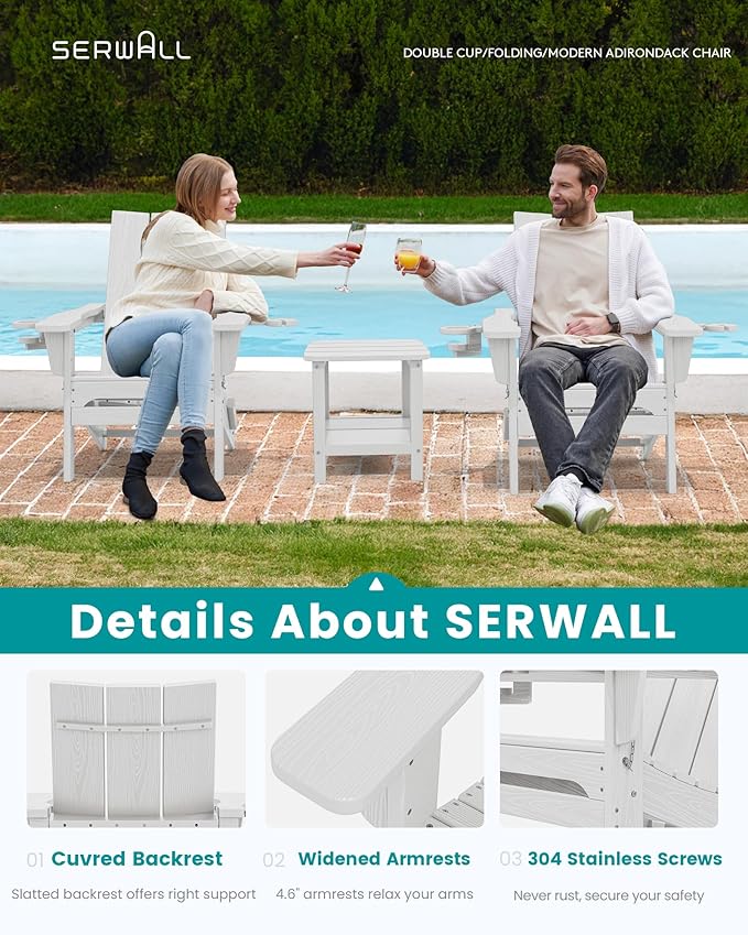 SERWALL Modern Folding Adirondack Chair Set of 4, All Weather Resistant Outdoor Adirondack Chair with Cup Holders, HDPE Adirondack Chair for Patio Lawn Garden, White