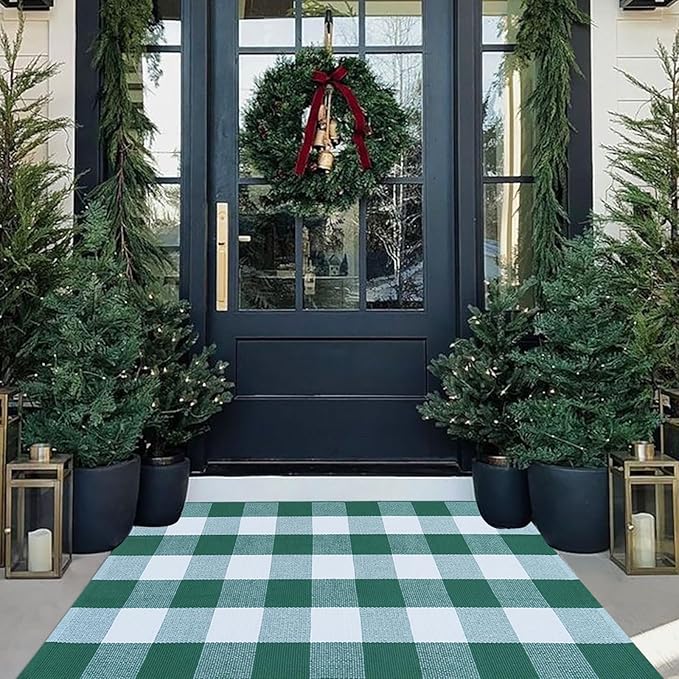 CAINANEL Green and White Buffalo Plaid Outdoor Rug Spring Door Mat Layering Rug Welcome Doormats for Spring Easter Farmhouse Entrance Porch Outdoors Decor