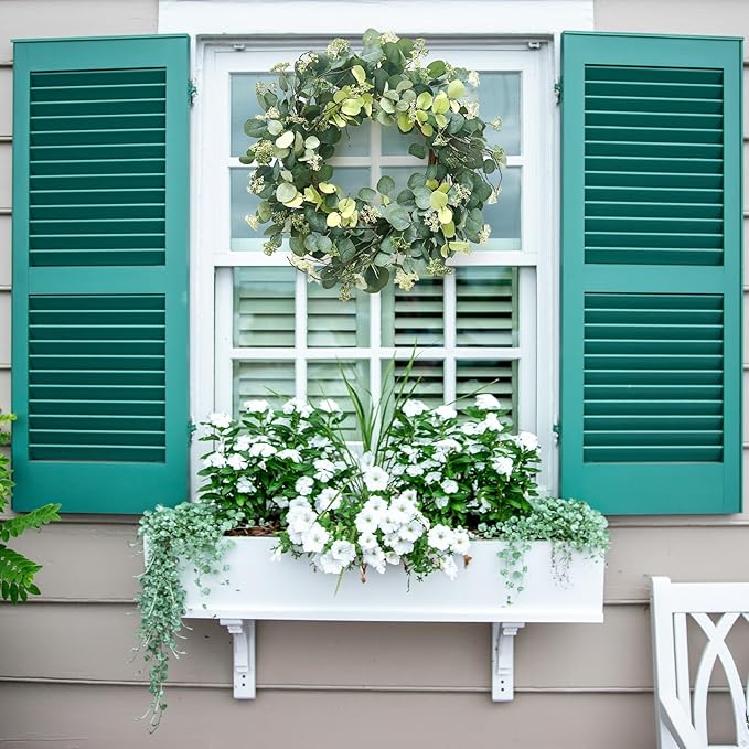 24 Inch Spring Wreath for Front Door, Spring Eucalyptus Wreath for Grapevine Farmhouse with Silk Printing Dollar Leaves Wreaths for Festival Celebration Front Door Wall Window Home Décor
