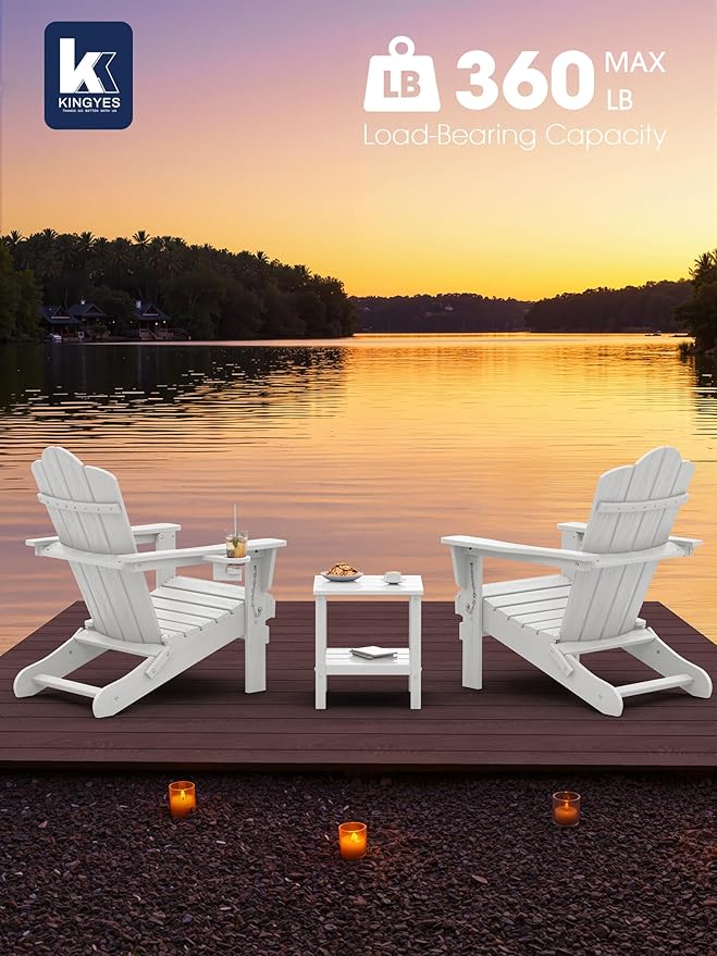 KINGYES Folding Adirondack Chair Set of 2, HDPE All-Weather Patio Chairs with Cup Holder, Wooden Textured Fire Pit Chairs for Poolside, Backyard, Deck, White