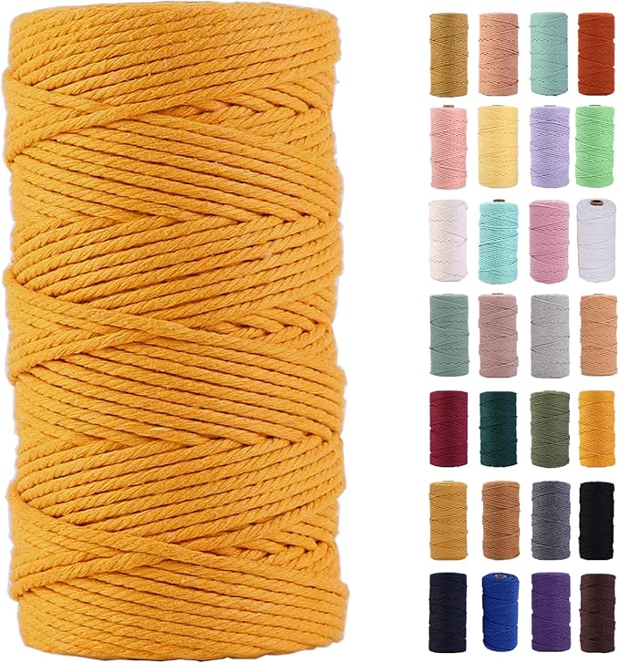 Golden Yellow Macrame Cord 3mm x 109Yards,Colored Cotton Rope Colorful Cotton Cord Soft Craft Cord Twine for Wall Hanging Plant Hangers Crafts Decorative Projects