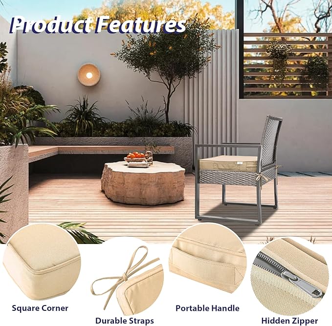 Outdoor Chair Cushions Set of 4 -Waterproof Outdoor Seat Cushions for Patio Furniture, Patio Chair Cushion with Handle and Ties, Square Out Door Chair Pads,17" x 16" x 2",Beige