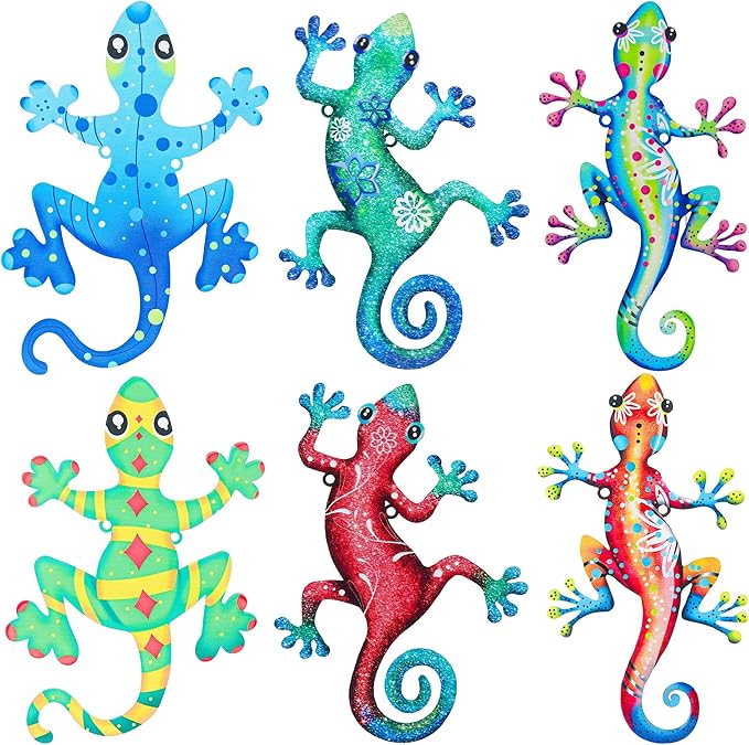 Metal Gecko Wall Decor 6 PCS, 3 Styles Outdoor Wall Art Decorations, Metal Lizard Hanging Decor for Garden, Patio, Farmhouse, Home, Fence