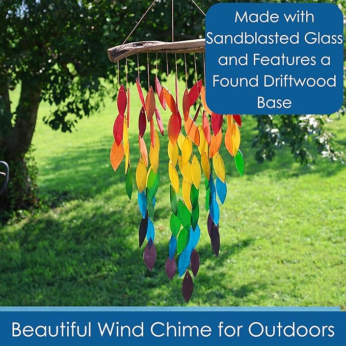 Blue Handworks Deluxe Waterfall & Driftwood Chime, Sandblasted Glass and Found Wood Handcrafted Wind Chime