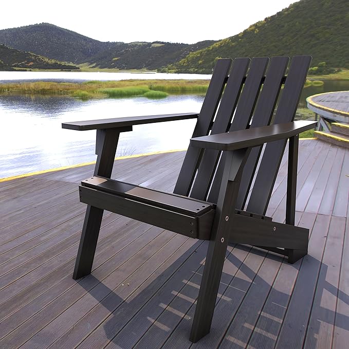 JONATHAN Y PAT1001D Irving Outdoor Patio Modern Acacia Wood Adirondack Chair for Garden, Lawn, Backyard, Pool, Deck, Beach, Firepit, Black