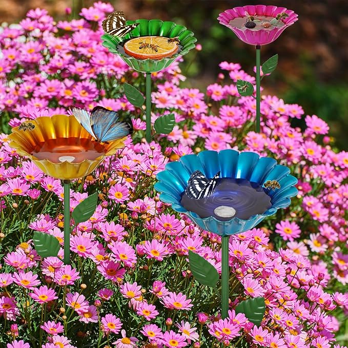 Large Bee Watering Station, 2 Pack Small Bird Bath for Outside, Metal Butterfly Feeders Bowl with 5.32'' Flower Design Bee Bath for Garden Decor